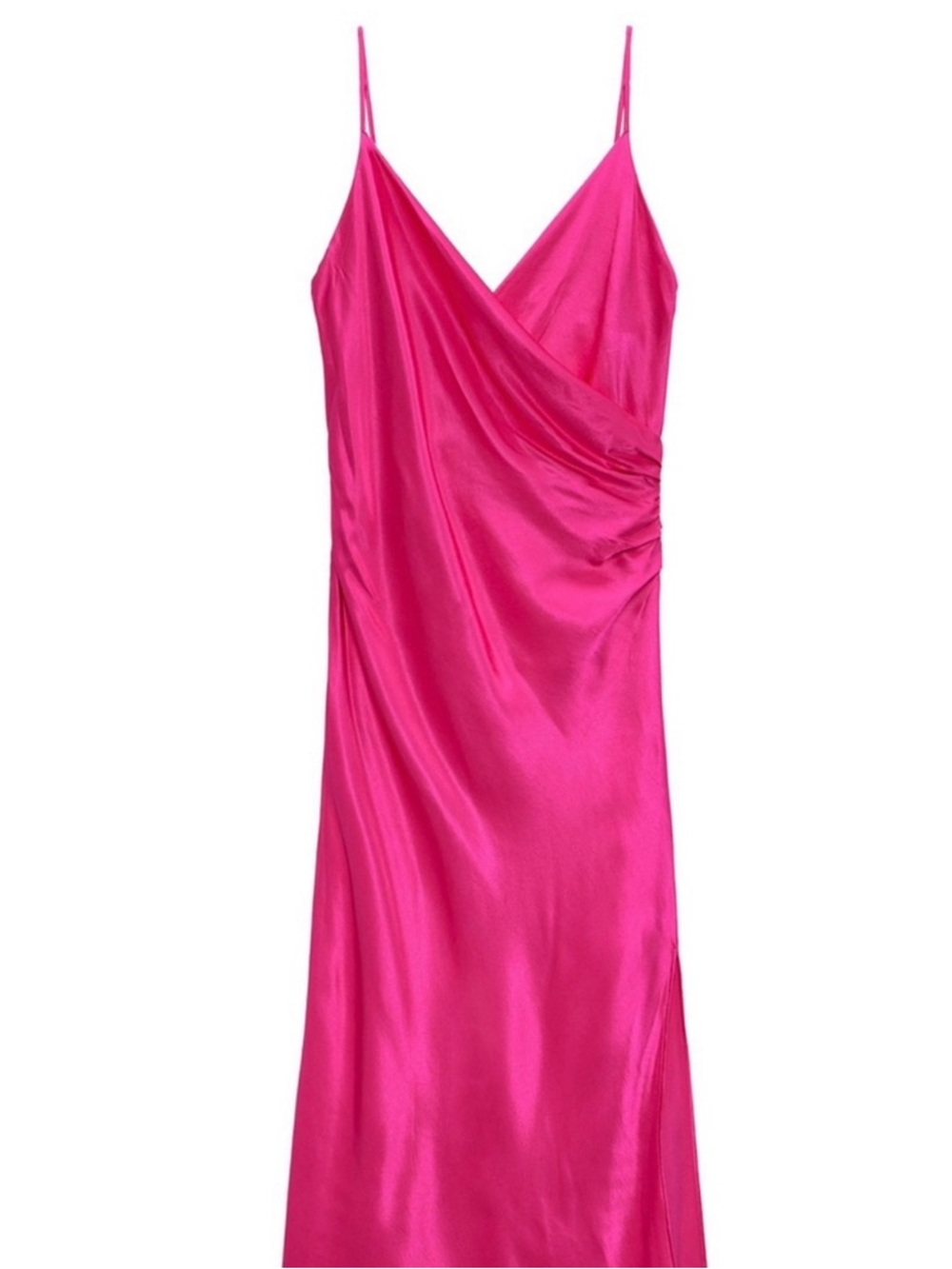 NWT Zara Fuchsia Satin Midi Slip Dress with V-Neck